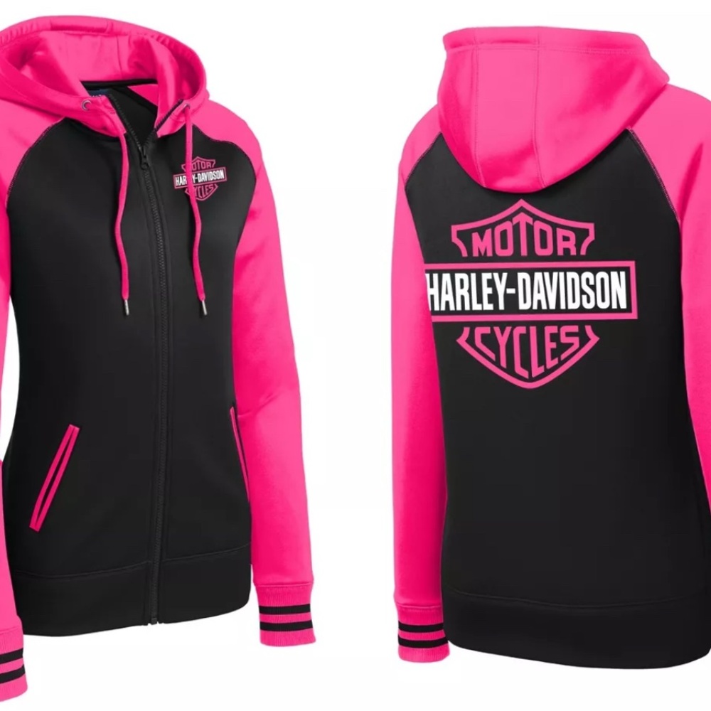 Neon pink black zip hoodie Harley Davidson Biker Mama Wife Gift Sport-tek brand